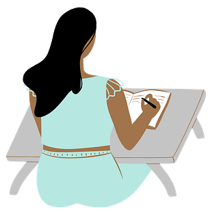 woman writing in journal at table graphic